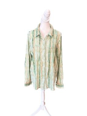 Gunit Cotton Gauze Button Down Shirt Womens Large Green Orange Striped